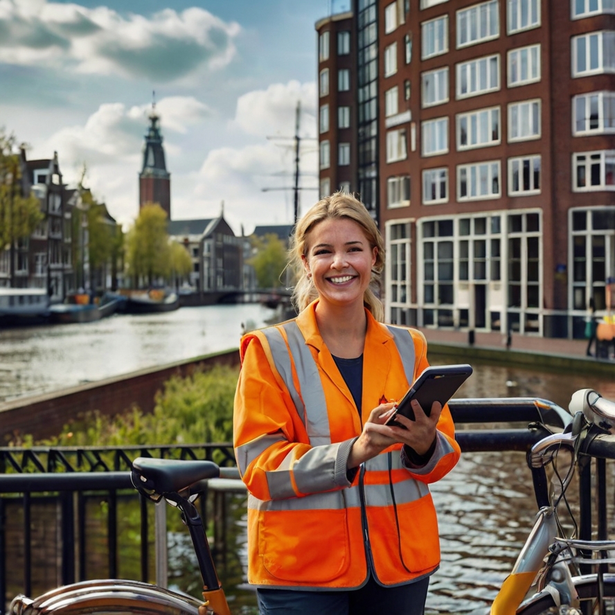 Tevreden werknemers uit verschillende sectoren in Amsterdam, blij met hun salaris en flexibele werktijden, met een oproep om zich in te schrijven om geld te verdienen.